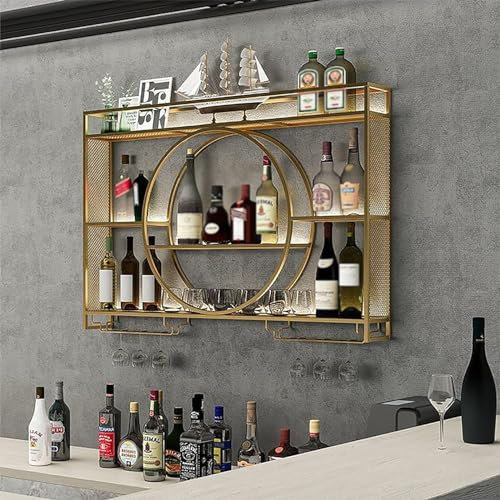 GXQFC Metall-Wand-Wein-Display-Regal, Glas-Regal und Wein-Halter mit Regalen Moderne Schwimmende Regale für Bar-Einheit Perfekt für Haus Restaurant Bars(Size:140 * 15 * 80cm,Color:Gold)