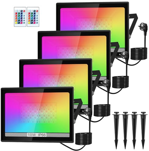NATPOW 100W LED Strahler Außen, 4 Pack RGB Strahler mit Fernbedienung, LED Fluter Flutlichtstrahler Farbwechsel Scheinwerfer mit 16 Farben 4 Modi, IP66 Wasserdicht Flutlicht für Gärten, Innenhöfe