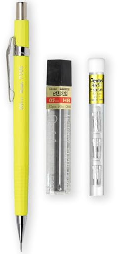 Pentel P205-97C Druckbleistift, fluoreszierend, einzeln + 12 Hi-Polymer HB 0,5 mm Nachfüllminen + Z2-1N Radiergummi-Nachfüllminen, 4 Stück, fluoreszierendes Gelb
