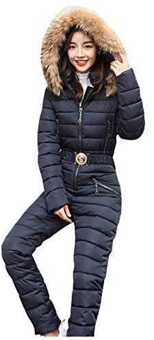 Damen All-in-One-Skianzüge, Pelzkragen, Overall, Ski-Overall mit Kapuzenpullover, Skijacke, Schneeanzug, nicht abnehmbare Outdoor-Sporthose, Jacken, Skianzug, wasserdichter Ski-Overall, navy, XL