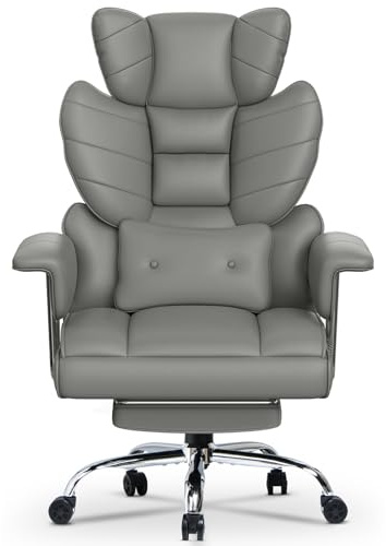 Racingreat Ergonomischer Bürostuhl mit ausziehbarer Fußstütze, Höhenverstellbarer Schreibtischstuhl, Große weiche Rückenlehne, Individuelle Lendenwirbelstütze, Chefsessel aus PU-Leder,Gray