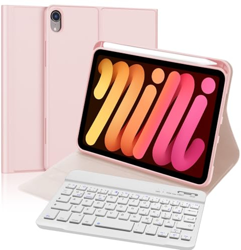 Hülle Tastatur für Apple iPad mini A17 pro/6th Generation (2024/2021 8.3 Zoll) mit QWERTZ Deutsches Magnetische Abnehmbar Tastatur Kabelloser Bluetooth für iPad mini 2024/202, Rosa