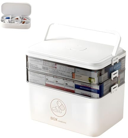 Gemsaya 3 Regal Medikamenten Aufbewahrung, Medizinbox Hausapotheke box mit Griff und herausnehmbarem Fach, Aufbewahrungsbox Hausapotheke Box, Erste Hilfe Kasten für Zuhause, Büro, Schule