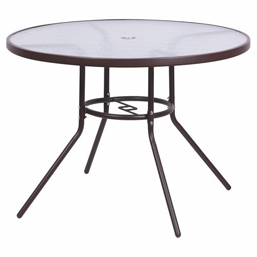 Mesa Redonda de Exterior 100 cm de Acero al Carbono, Tapa de Cristal Templado Efecto Martillado, marrón, Esté