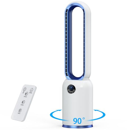 YAZEKY Ventilatore Senza Pale,Ventilatori a Torre Silenzioso 24 Velocità, Timer 12 Ore, Oscillazione 90°, Display LED e Telecomando, Portatile per Camera da Letto, Casa e Ufficio (blue)