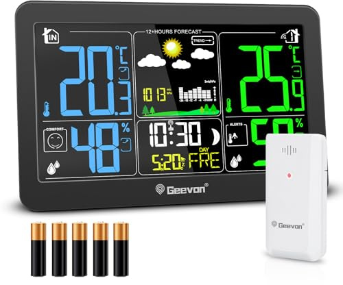 Geevon DCF Stazione meteo radio con sensore esterno, stazioni meteorologiche interne ed esterne radio con previsioni meteo termometro digitale igrometro (303 con batteria)