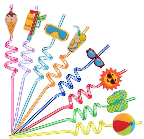 CharmBurst 8 Pièces Pailles Réutilisables en Spirale, Colorées, Idéales pour Enfants, Été, Hawaii, Fête Piscine, Anniversaire, Décorations de Fête, Pailles Originales