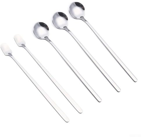 Juego de 5 cucharillas de mango largo de acero inoxidable para helado, mezcla de café y cóctel (plata)