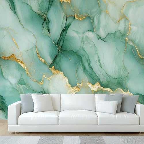 Générique Papier Peint Panoramique Marbre Vert, Papier Peint Métal Or Abstrait, Fresque Murale, Decoration Chambre Salon, 150 x 105 cm