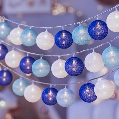 ENLACE LED Baumwollkugeln Lichterkette, 1,5M 10 LED Cotton Ball Lichterketten Kugeln, Blau Hellblau Weiß Baumwollkugeln Lichterkette für Kinderzimmer, Schlafzimmer, Hochzeit, Weihnachten, Party Deko