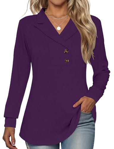 Tisfeer Damtröja långärmad toppar knapp v-ringad tunika skjortor business dressy vardaglig gunga solid pullover 2026, Lila, XL