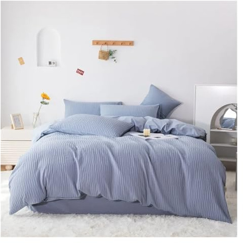 4Pcs Twin Double Queen Family Duvet Cover Set Seersucker Textured Washed Cotton Ultra Soft Comforter Cover Bed Sheet Pillowcases,Bed Sheets