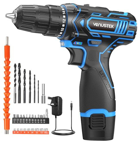 VENUSTEK Cordless Drill Set, 12V Power Drill with 2.0Ah Battery and 2-Speed, 30Nm Torque, 25+1 Clutch Settings, 3/8 Keyless Chuck, Combi Electric Drill for Home DIY, Wood, Metal, Plastic Drilling