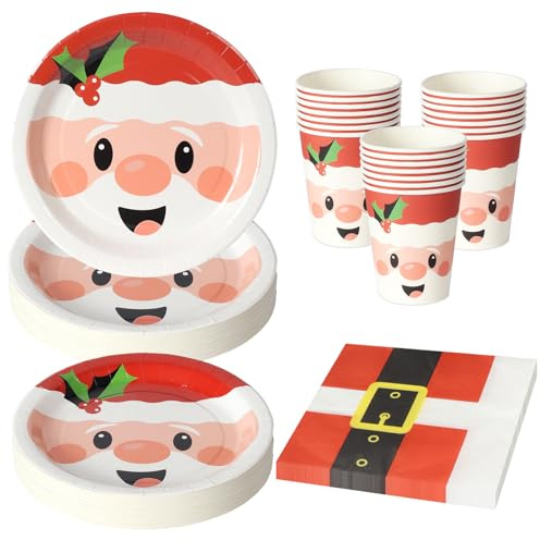 PYAILI 64 Stück Pappteller Pappbecher und Servietten Weihnachten Tischdeko - Weihnachtsdeko - Kleine Weihnachtssymbole als Tischdeko - Weihnachten Partygeschirr - 16 Gäste