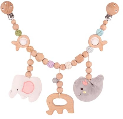 AQCQDQ Kinderwagen Spielzeug, Kinderwagenkette Holz Baby, Kinderwagenkette Aus Holz und Baumwolle Gehäkelt, Baby Geschenk zur Geburt ab 0+ Monaten (Elefant-Wal)