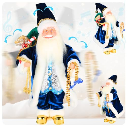 Gfilay 45 cm Animierter Tanzender Weihnachtsmann mit Musik – Singende & Bewegliche Weihnachtsfigur spielt 6 Klassiker – Blaue Samt-Gold Dekofigur als Sammlerstück für Zuhause oder Geschenkidee