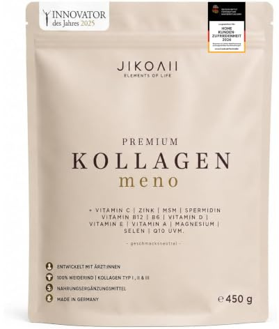 JIKOAII® Kollagen Pulver Meno, Vitamin C, Typ I II III, 450 g, Neutral | Collagen Peptide Typ I II III aus Weiderind, Frauen in Wechseljahren, Beauty-Routinen, neutraler Geschmack, Made in Germany