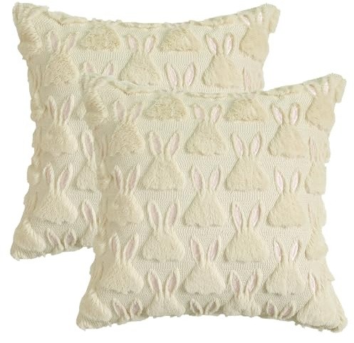 Artoid Mode Künstliche Pelz Beige Kaninchen Ohren Ostern Kissenbezüge 2er Set, 45x45 cm Plüsch Samt Sofakissen Zierkissenbezug Schlafzimmer Deko