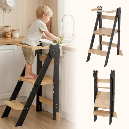 Freelawn Lernturm klappbar, 3-Fach höhenverstellbar, Schwarz | Kiefernholz Lernturm Kinder, platzsparend klappbar, höhenverstellbar für Küche, Montessori Lernen und Alltag