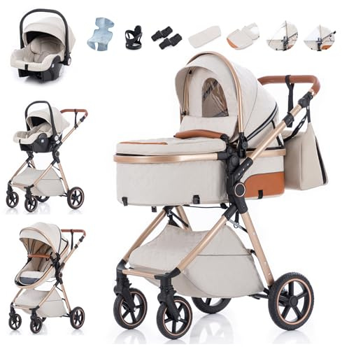 Zkiprm 3-in-1 Kinderwagen Reisesystem mit Autositz | Faltbarer Kinderwagenset | Höhenverstellbarer Griff | inkl. Regenschutz, Fußsack, kühlende Einlage, Getränkehalter & mehr | für 0 bis 3