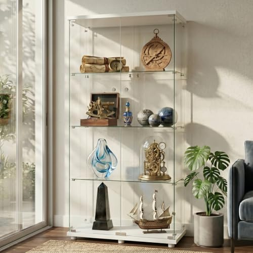HIYYIH Glasvitrine, 2 Tür 4 Etagen Glasvitrine, Abschließbar, Verspiegelter Aufbewahrungsschrank, für Sammlerstücke, Spielzeug (B1-Weiß-Ohne Beleuchtung)