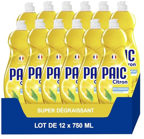 Paic, Liquide Vaisselle Éclat Citron, Super Dégraissant, Lot 12 x 750 ml | Produit vaisselle liquide iconique, Élimine les graisses tenaces, Brillance étincelante, Fabriqué en France