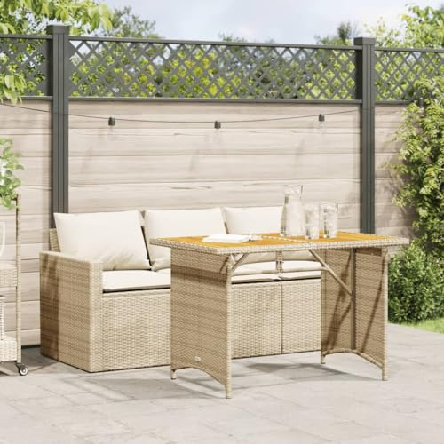 sephironlbb 2-TLG. Garten-Essgruppe Beige Poly Rattan mit Kissen, wetterfestes Gartenmöbel Set für Balkon Terrasse Outdoor, 3-Sitzer Sofa mit Tisch aus Akazienholz, Polyrattan Sitzgruppe mit Polster