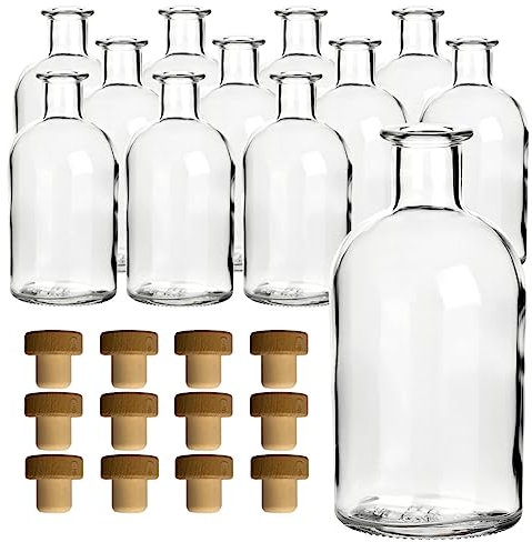 gouveo 12er Set Apothekerflasche 250 ml aus Klarglas mit Holzgriffkorken - Runde Glasflaschen zum Befüllen für Likör, Öl, Essig, Sirup - Spülmaschinengeeignet - Wiederverwendbar (AFRT250HGK)