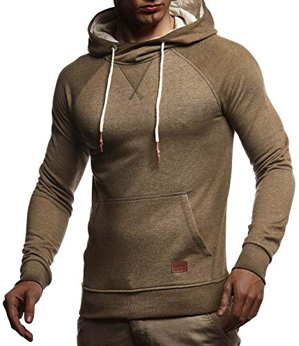 Leif Nelson herr tröja huvtröja långärmad basic tröja LN8153, Khaki melerad, XXL