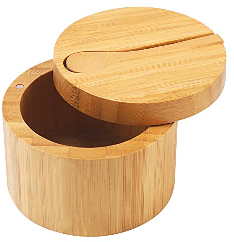 HTB saltkällare i bambu med minisked, saltlåda för kök med svängbart magnetiskt stängningslock, rund saltbehållare för förvaring av peppar krydda bad salt hav (1 st)