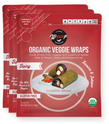 WrawP Organic Mini Veggie Wraps - SPICY (3 pack) SHELF STABLE, All Natural, Gluten Free, Paleo, Raw Vegan. Perfect for Wraps, flat bread, snack, chips