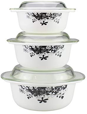 Occasions 3pc Glass Casserole Dish with Lids – 1L, 1.5L & 2.5L Round Glass Casserole Set with Lids Opal Glassware (Black Floral)