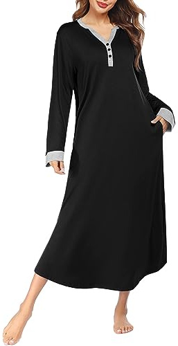 Ekouaer Women's Long Nightgown Botton Down Sleep Dress Soft Nightshirt Sleepwear Lounge Dresses Black, X-Large