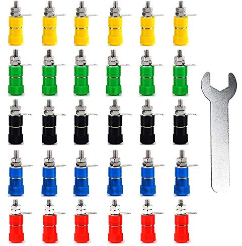 Aiqeer 30 Stück Bananenbuchse, Binding Post Terminal, 4 mm Bananen Kupplung Buchse für Bananenstecker (Rot, Gelb, Blau, Grün, Schwarz)