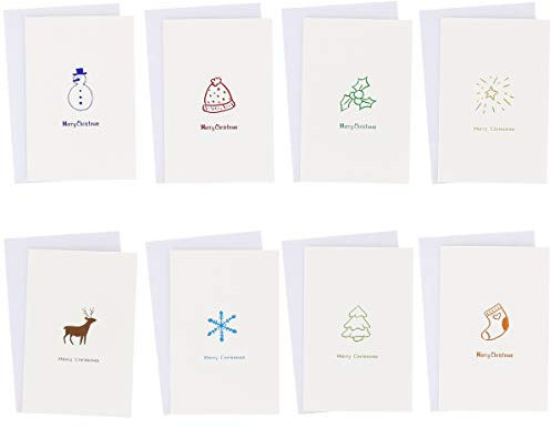 SHIPITNOW 8 x Weihnachtskarte Piktogramm mit Umschlag – originelles Weihnachtskarten-Set – schlichtes und modernes Design Rentier, Flocke, Tanne, Stern, Stechpalme, Mütze und Weihnachtsstrumpf