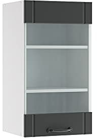 Vicco Küchenglasschrank Fame-Line, Anthrazit Landhaus, 40 cm | MDF-Front · Soft-Close · Tiefe – 34,1 cm · Metallgriffe · ✓ Frei kombinierbar