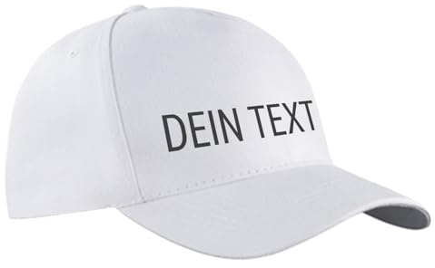 Ferocity Personalisierte Baseball Cap für Kinder und Erwachsene, Werbekappe mit Deinem Text, Unisex, Einheitsgröße 52-61 cm OSFM, Einstellbar,100% Baumwolle, Weiß