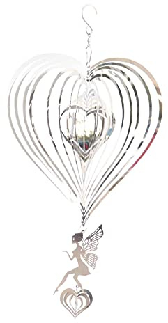 Seahelms Windspinner Metalldekorationen für draußen, 3D Herz Windspiele für Garten, Hängende Spiegel Edelstahl Windskulptur Spinner, Innen Außen Windfänger Handwerk Geschenke (Silber-Engel)