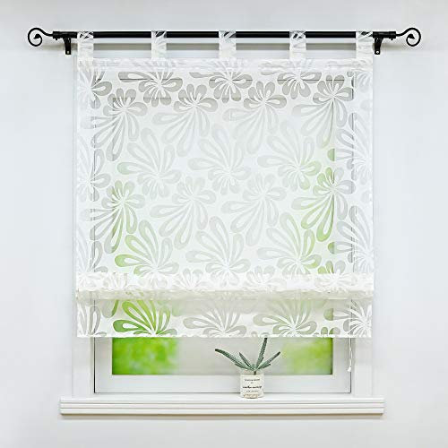 Delien Raffrollo mit Schlaufen Voile Transparente Ausbrenner Gardine Raffgardine Modern Raffvorhang mit Blumenmuster Kurzschals Küchengardinen 1 St. BxH 140x140cm,Weiß