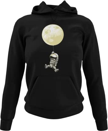 Weicher Damen Hoodie mit Astronaut Mond Luftballon Aufdruck Frauen Kapuzenpullovert modernes Oberteil mit Planeten Motiv taillierter Hoody in Schwarz oder Pink Gr. XS-XXXL… (M, Schwarz)