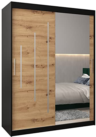 MEBLE KRYSPOL Kleiderschrank mit Spiegel York 2 - Garderobenschrank - Schrank Schlafzimmer - Mehrzweckschrank Zwei Schiebetüren - Regalen - Flur Möbel - Kleiderstange Schrank - Allzweckschrank
