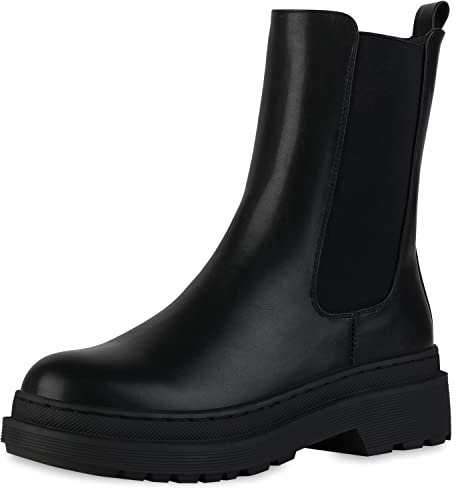 VAN HILL Damen Leicht Gefütterte Plateau Boots Stiefeletten Blockabsatz Schuhe Profilsohle Booties Freizeit Plateauschuhe 208146 Schwarz 39