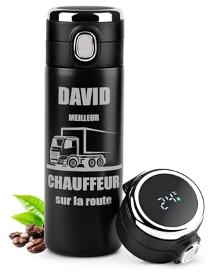 Maverton Bouteille isotherme personnalisable pour chauffeur, Mug hermétique | 400Ml avec gravure Idee cadeau homme, Gourde isotherme homme LED café thé, cadeau anniversaire, pour lui, camion