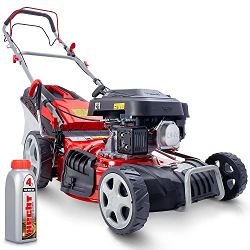HECHT 5IN1 Rasenmäher Benzin – Bequemer Selbstantrieb - Für Flächen bis 1000 m² - Starker 4 Takt Motor mit 46 cm Schnittbreite – Radantrieb – Mulchfunktion – Seitenauswurf - Rasenmäher Benzin
