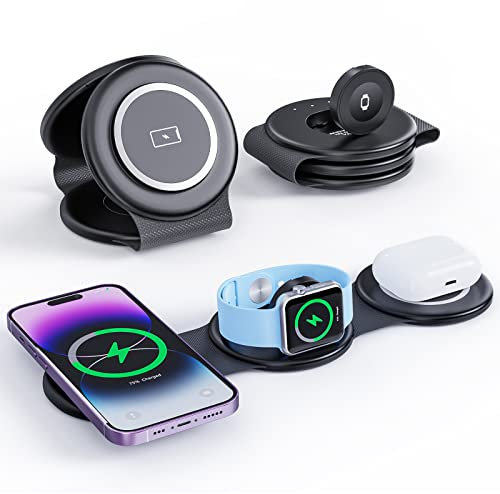 Tiergrade 3 en 1 Chargeur sans Fil pour appareils Apple Multiples, Station de Charge magnétique Pliable, Charge de Voyage pour iPhone 15/14/13, AirPods 3/2/Pro/Pro2, iWatch(Adaptateur Inclus) Noir