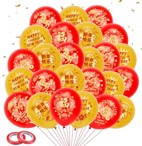 DPKOW 30pcs 2026 Chinesisches Neujahr Luftballons, Rotgoldene Jahr der Pferdes Latexballons für Chinesische Neujahr Deko, Chinesische Frühlingsfest Luftballons Deko Chinese New Year