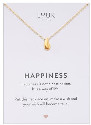 LUUK LIFESTYLE Feminine Halsketten aus Edelstahl mit schlichten Anhängern in zeitlosem Design, Glücksbringer, alltagstauglich und langlebig, HAPPINESS Spruchkarte, Geschenk, Silber, Gold, Roségold