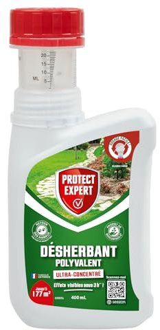 PROTECT EXPERT Désherbant Ultra Concentré Polyvalent - 400ml - 177m² | Effets Visibles En 3h - Puissant Efficace - Jardin Allées Terrasses - Bidon Auto Doseur - PROHERBIOU400