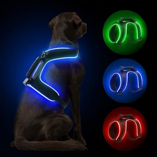 MASBRILL LED Hundegeschirr Leuchtend, Leuchtgeschirr für Hunde Aufladbar Verstellbar LED Leucht Brustgeschirr mit Griff für Klein Mittelgroße Grosse Hund Beleuchtetes Hundegeschirr(Schwarz Blau,XL)