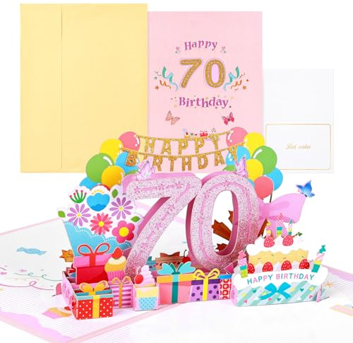 joyoldelf 70 Jahre alte Geburtstagskarte, Pop Up Grußkarten, 3D Pop Up Karte Geburtstag Grußkarte, Geburtstagskarten mit Umschlag für Frauen Mütter Mädchen Freunde Romantik Geschenk-Karte
